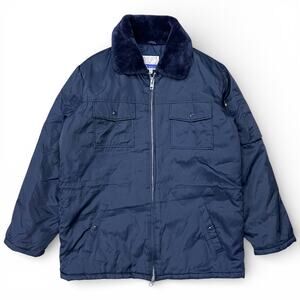 Vintage Sears Work Leisure Parka Jacket Navy Faux Fur Sherpa Collar Ski Coat L